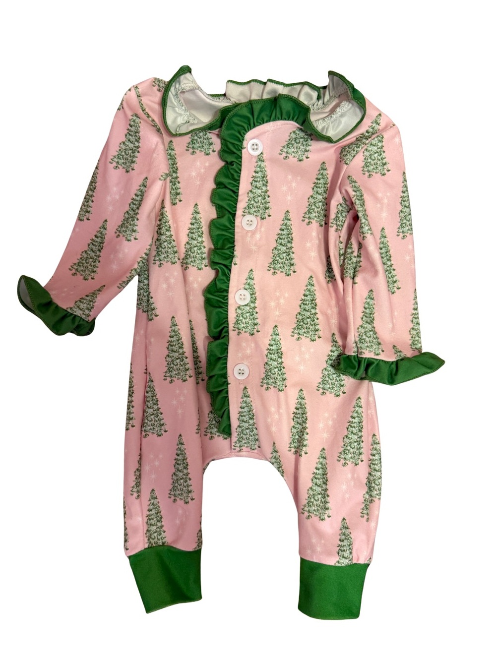 Sugar Bee Pink and Green Christmas Tree Ruffle Buttflap Pajamas